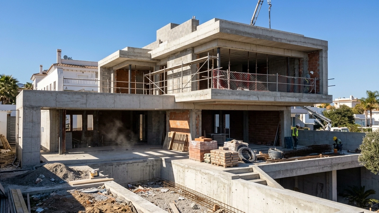 Exklusive Villa während der Rohbauphase mit Betonstruktur, Gerüst und Pool-Aushub